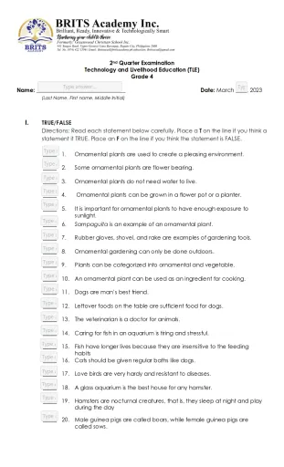 Tle 4 2nd Quarter Examination Interactive Worksheet Edform 7804