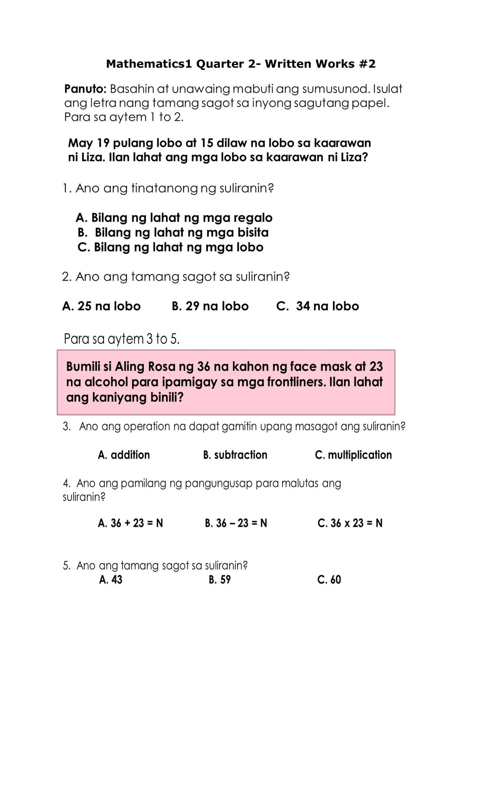 Mathematics1 Quarter 2 Written Works #2 Interactive Worksheet ...