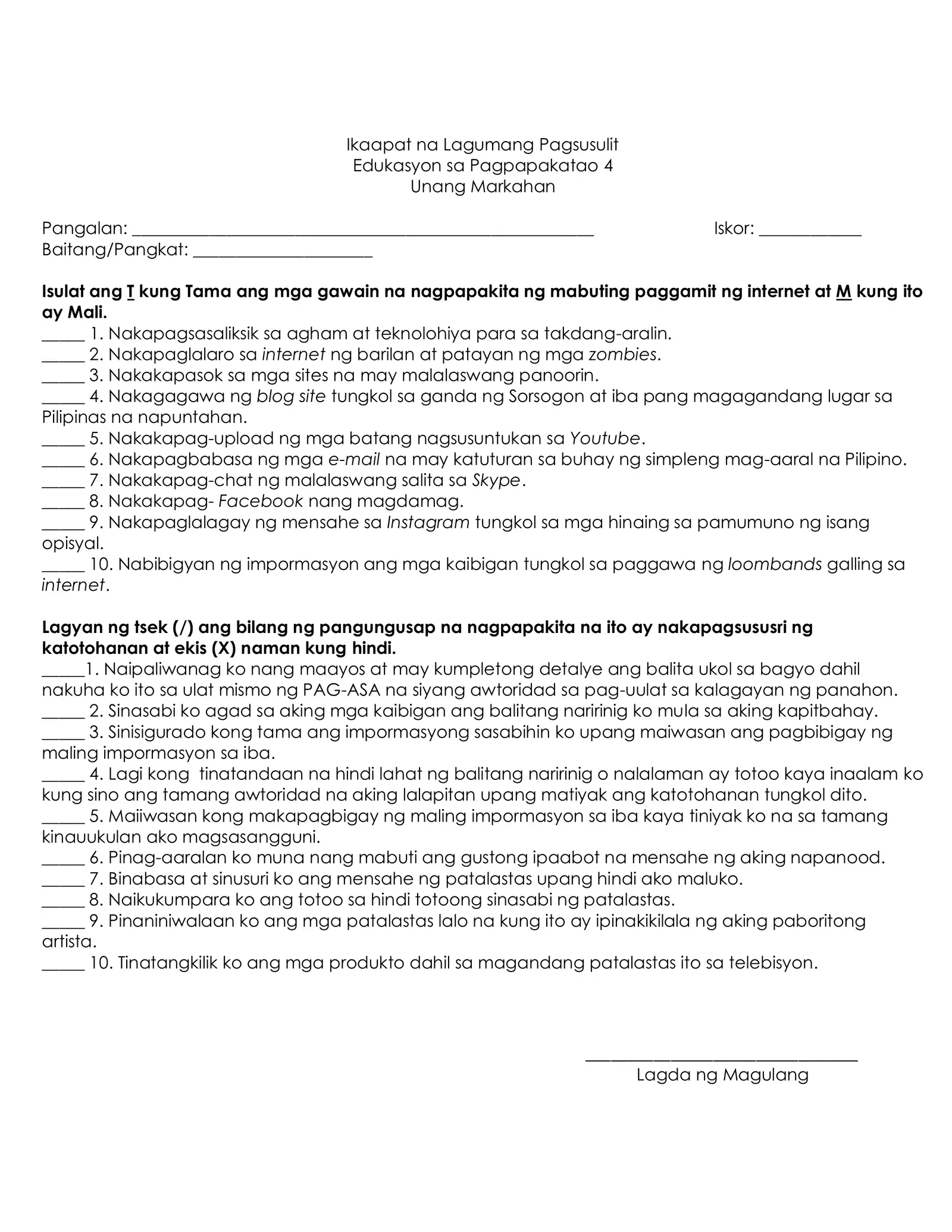 Q1 4th Summative Test Esp Interactive Worksheet Edform 3706