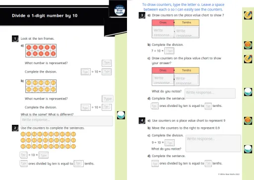 Interactive worksheet Y4 Spring Block 4 WO5 Divide a 1 digit number by 10 2022