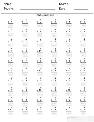 Interactive worksheet Multiplication Fluency Timed Test (4's)