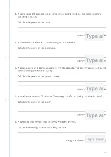 Interactive worksheet Ks3 Power Calculations