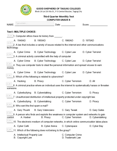 Computer 8 Third Quarter Monthly Test Interactive Worksheet Edform
