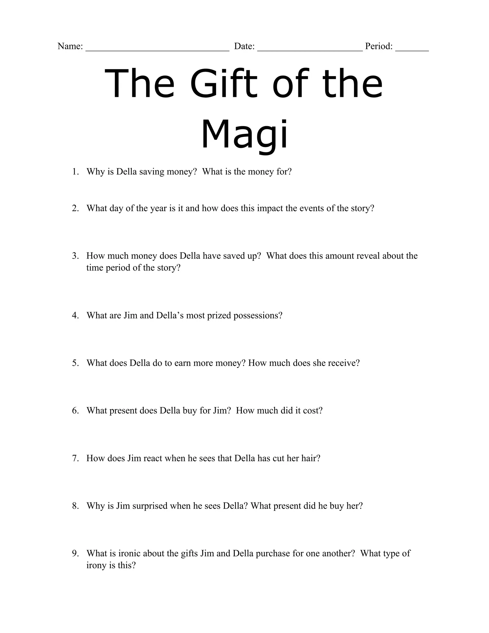 The Gift Of The Magi Comprehension Questions Interactive Worksheet – Edform