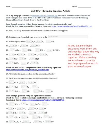 Interactive worksheet Balancing Equations 2