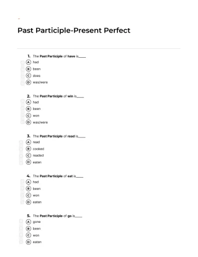 Interactive worksheet Quiz Past Participle Present Perfect 