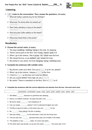 Pre Teens Pre Int Term 3 Test Interactive Worksheet – Edform