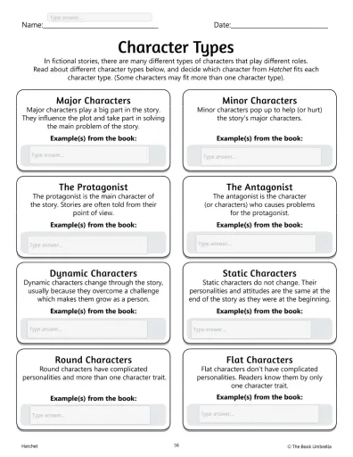 Types Of Characters Worksheet