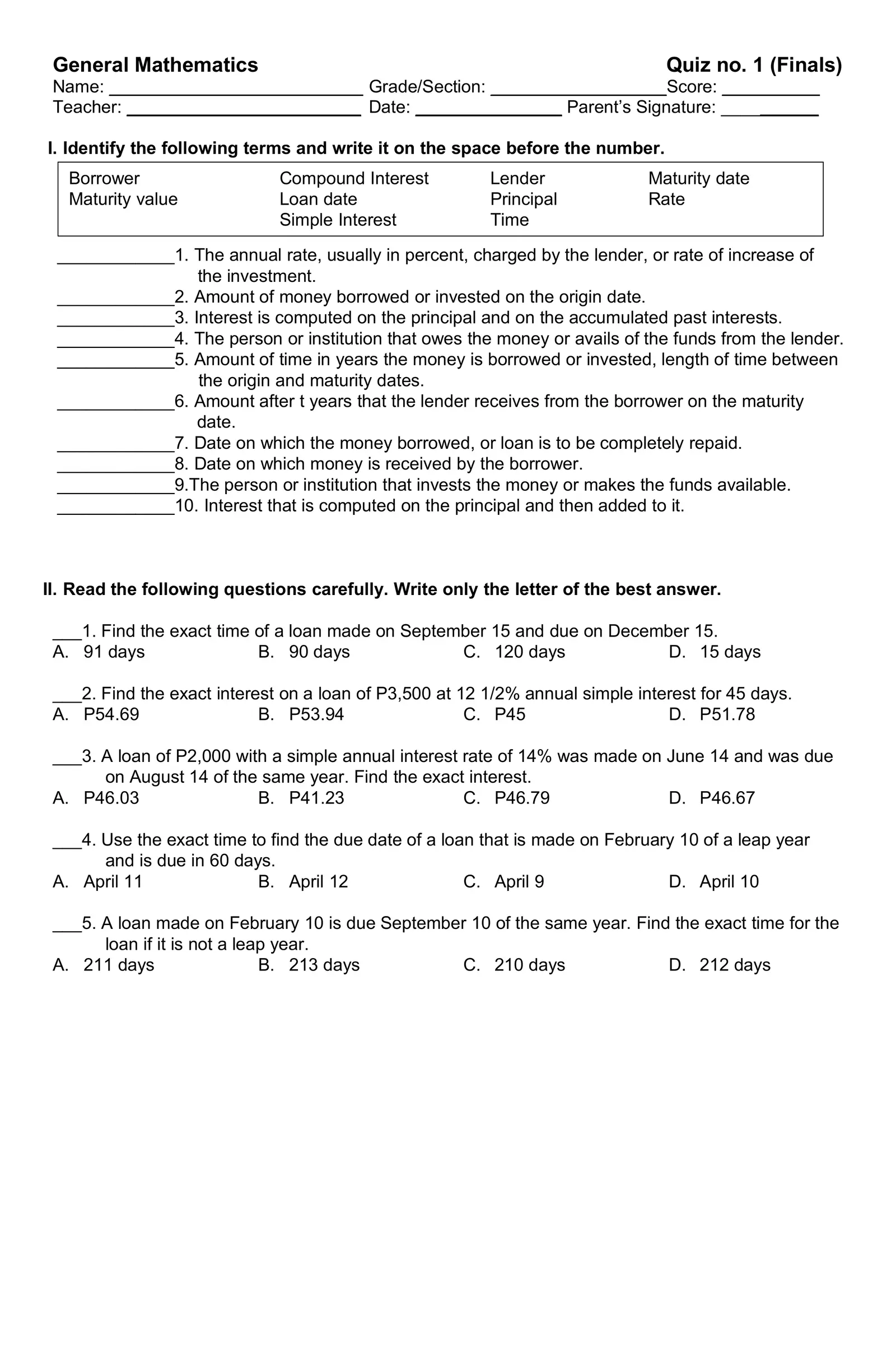 Quiz 1 General Mathematics Interactive Worksheet – Edform