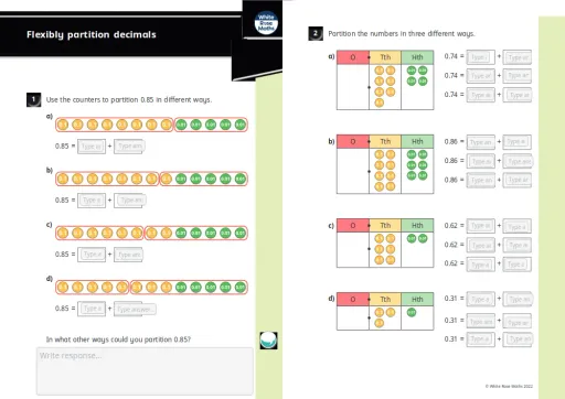 Interactive worksheet Y4 Summer Block 1 WO4 Flexibly partition decimals 2022