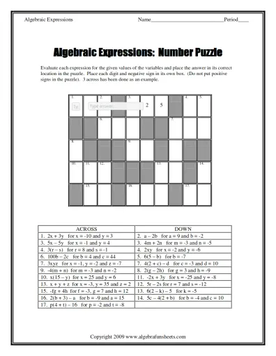 AlgebraicExpressionsEvaluatingNumber CROSSWORDPUZZLE Interactive ...