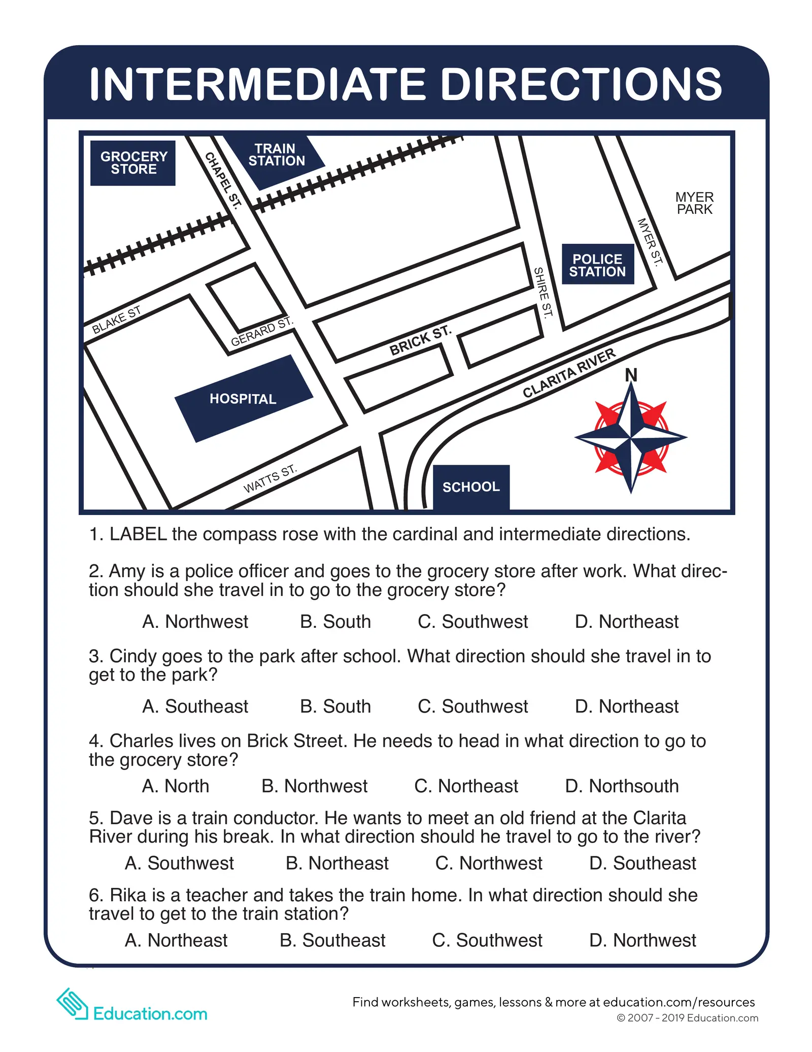 Cardinal And Intermediate Directions Worksheet Compass Bittys Reading
