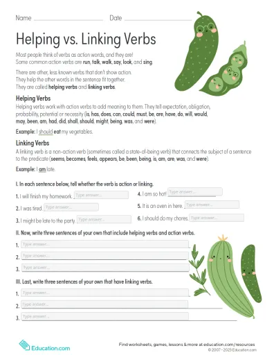 Action And Linking Verbs Worksheet For Grade 3 State Of Being Verbs
