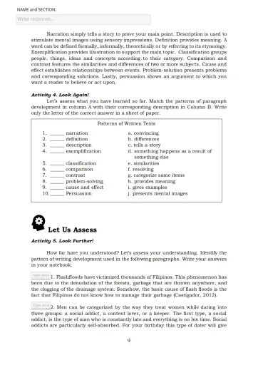 Interactive worksheet Assessment_Reading and Writing_Patterns of Written Text