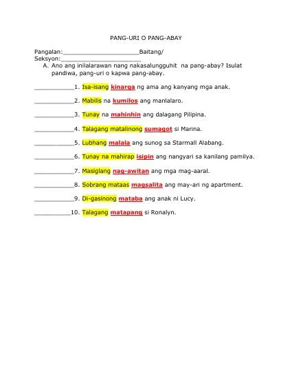 pang abay interactive worksheet edform