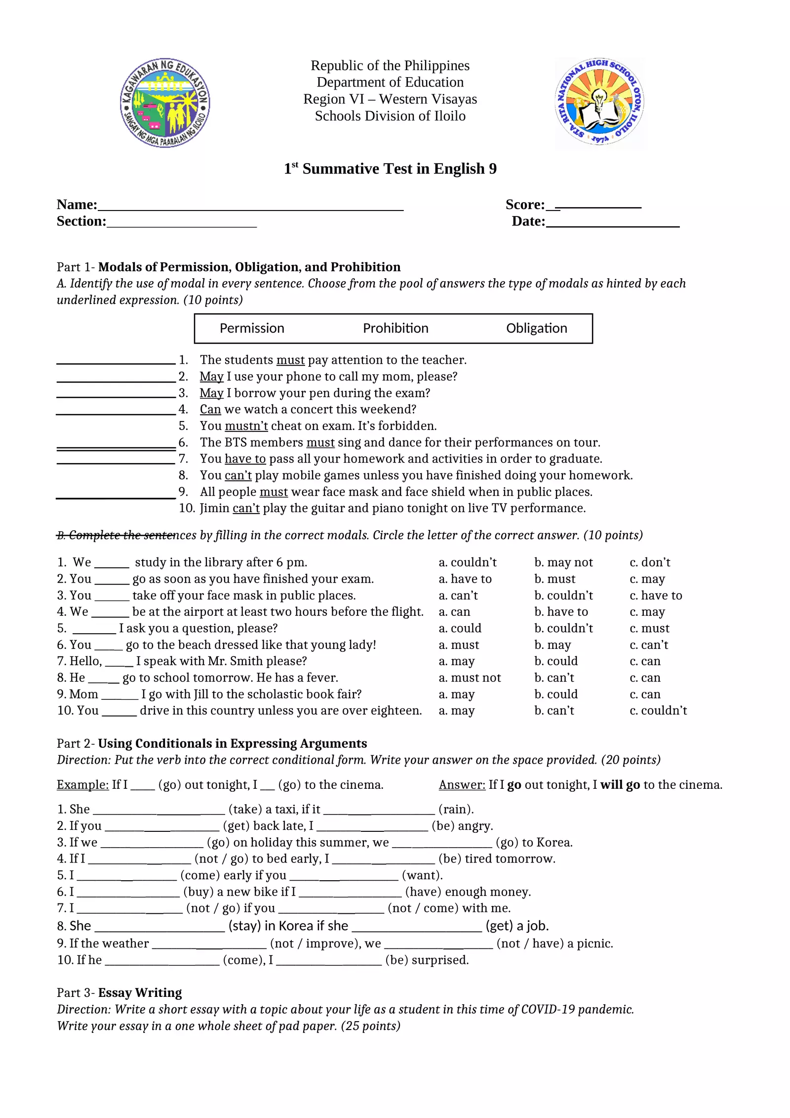 1st Summative Test in English 9 Interactive Worksheet – Edform