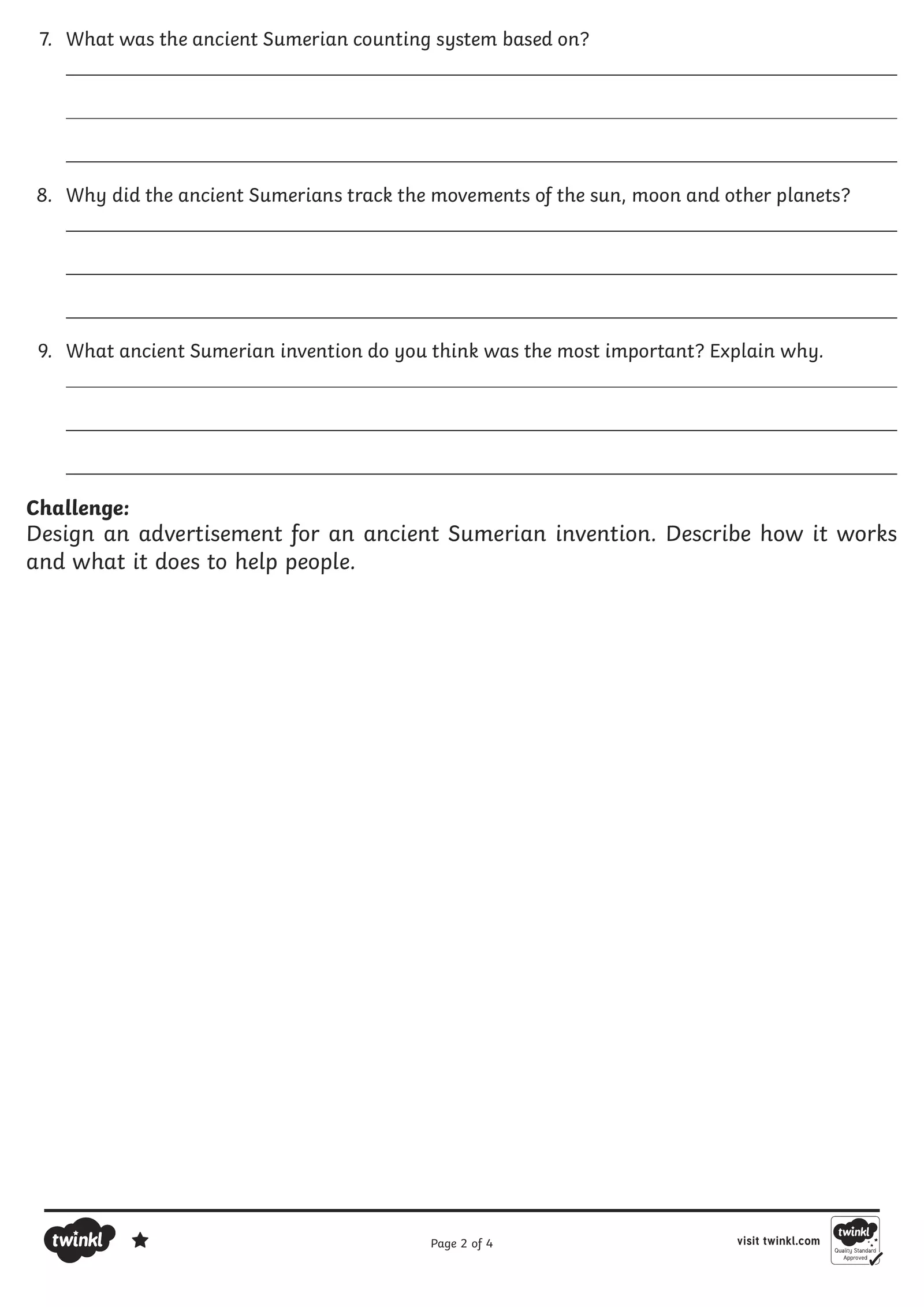 sumerian inventions worksheet