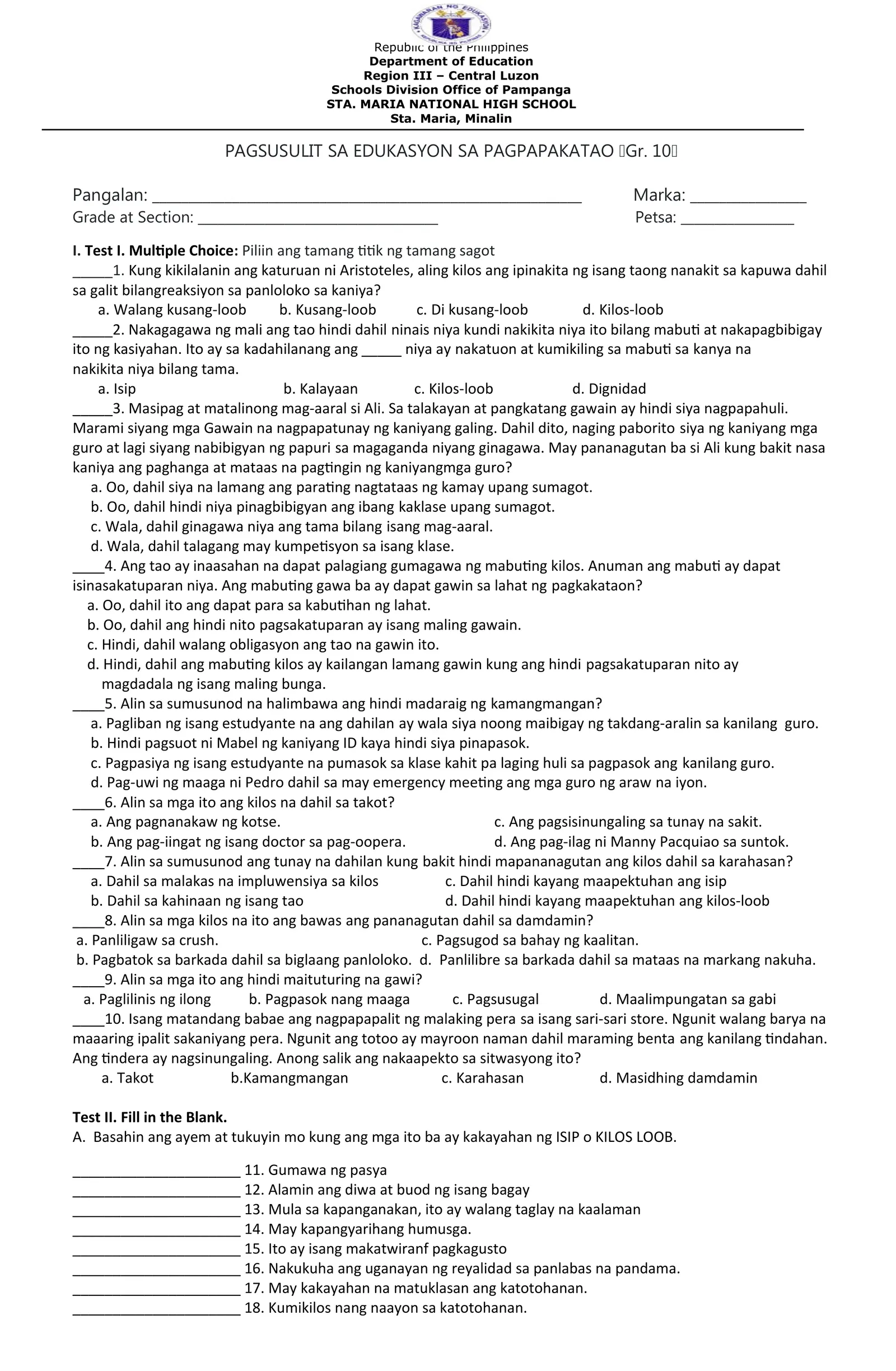 4th Summative Test In Esp Q1 Interactive Worksheet Ed 5262