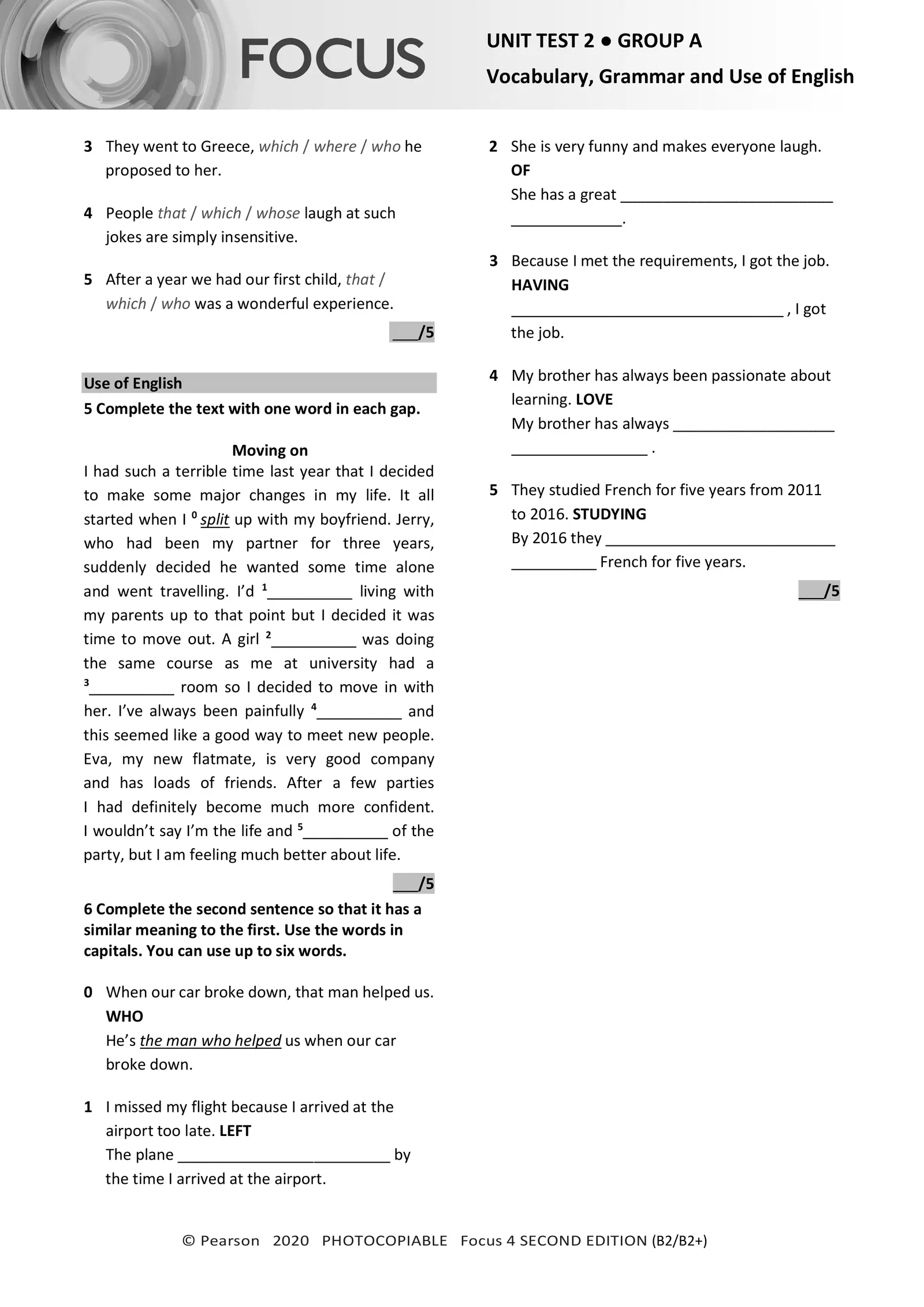 Focus4 2E Unit Test Vocabulary Grammar UoE Unit2 GroupA Interactive  Worksheet – Edform