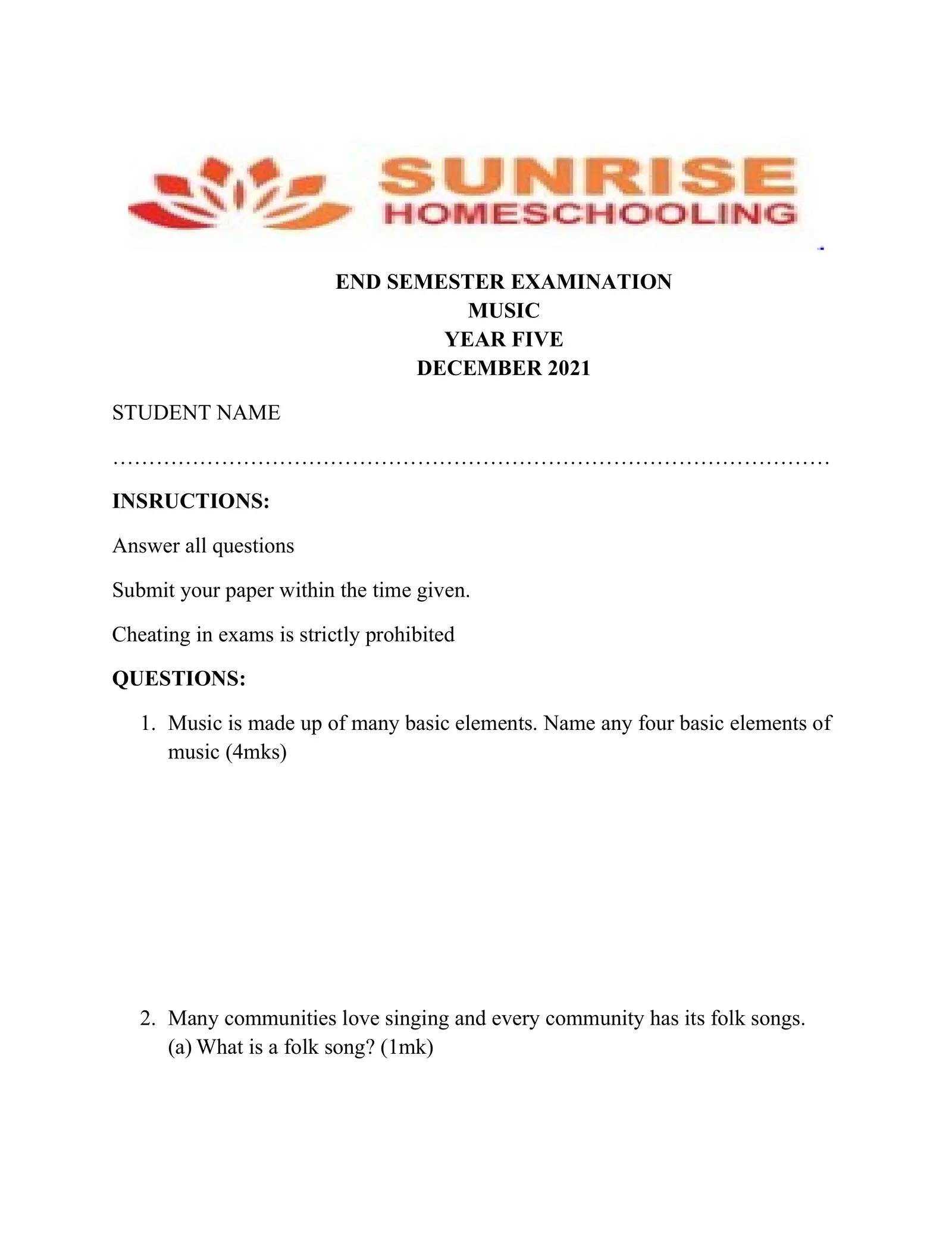 END SEM1 MUSIC YR5 Interactive Worksheet – Edform