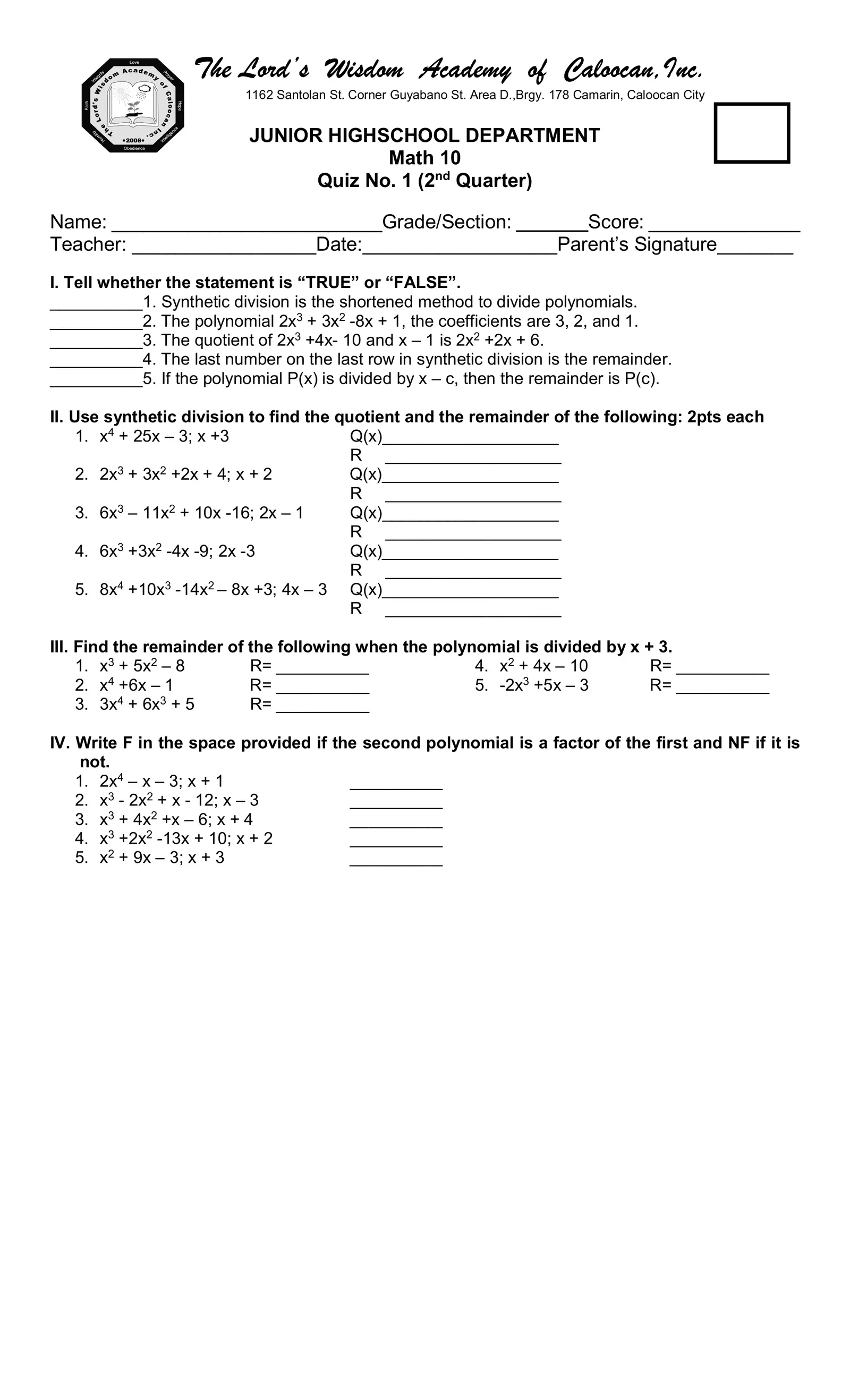 Quiz 1 Math 10 Interactive Worksheet – Edform