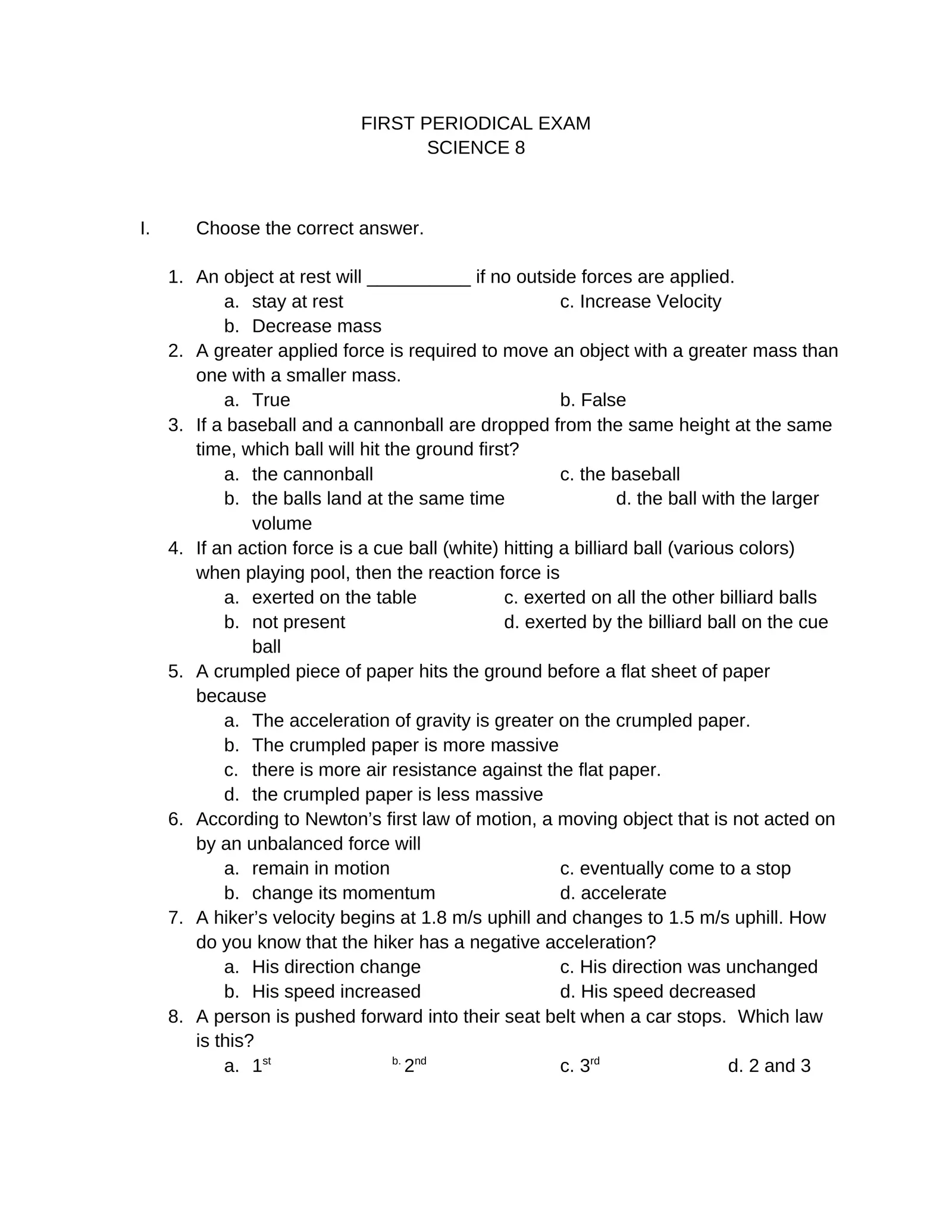 First Periodical Exam Science8 Interactive Worksheet Edform 1076