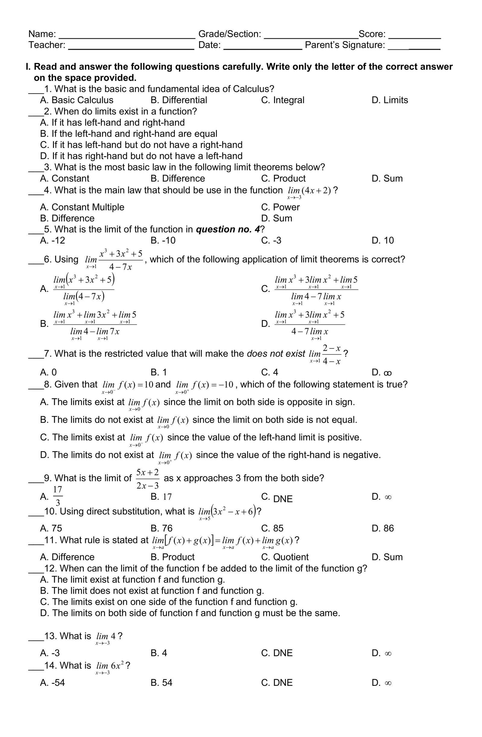 Midterm Examination in Basic Calculus Interactive Worksheet – Edform