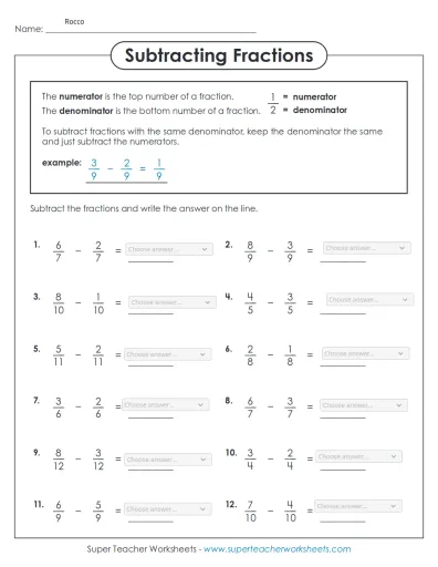 Interactive worksheet Subtract Fractions Worksheet 2