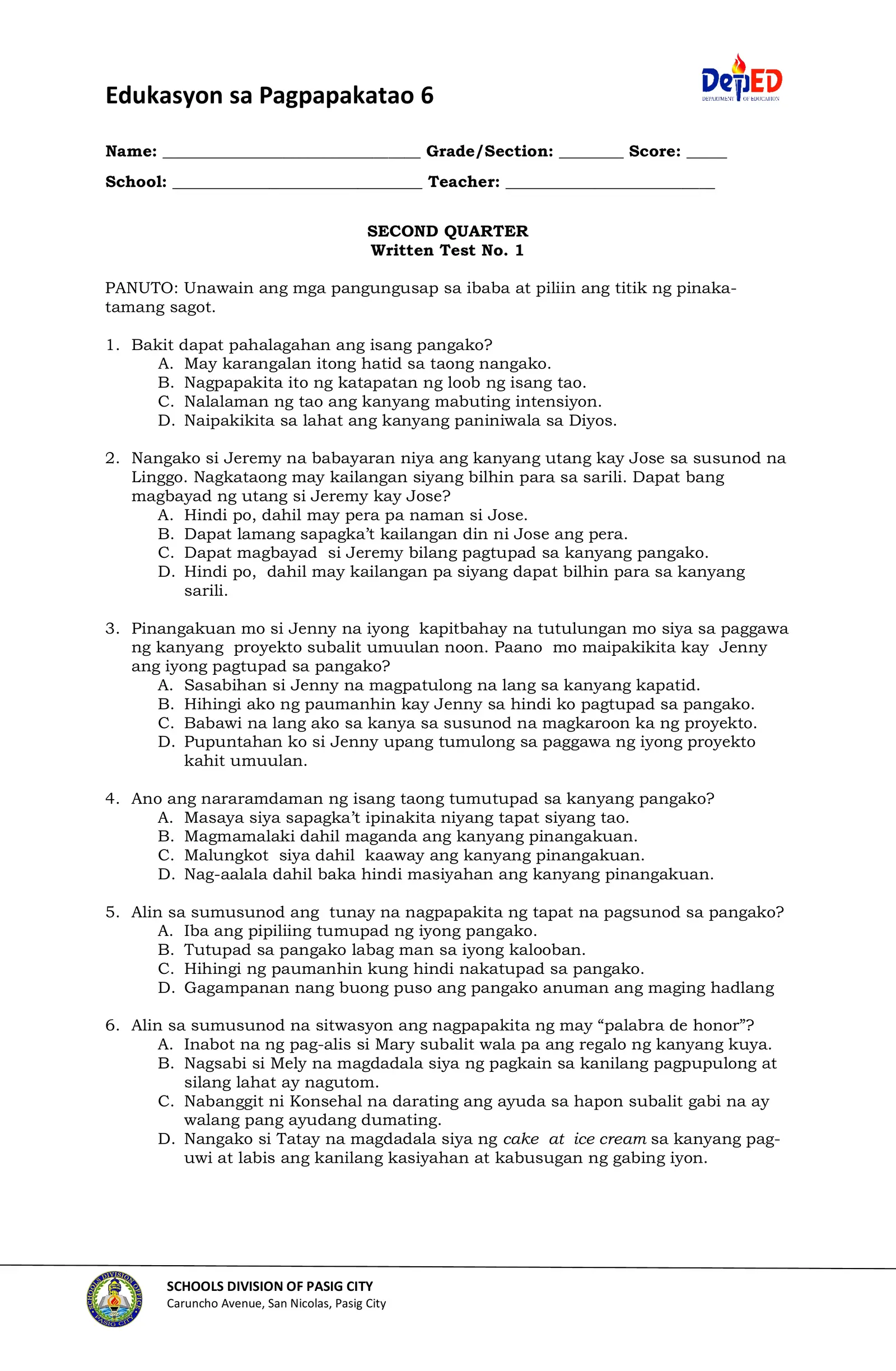 Q2 esp6 written test 1 interactive worksheet edform