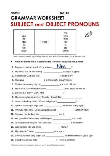 Interactive worksheet Subject Object Pronouns