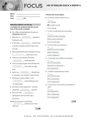 Interactive worksheet Focus2 2E Unit 6 test + CV