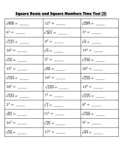 Perfect Square Numbers and Perfect Square Roots Time Test (3 ...