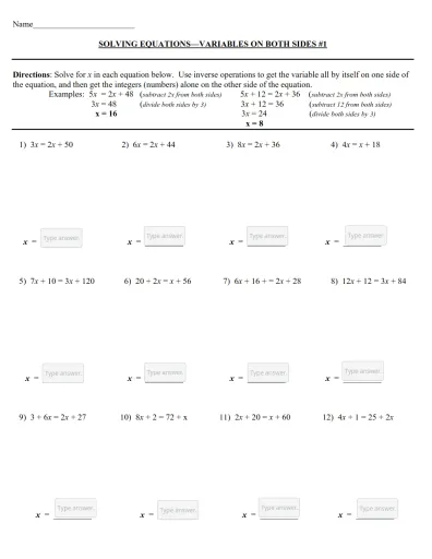 Interactive worksheet Solving Equations Variable on Both Sides 1