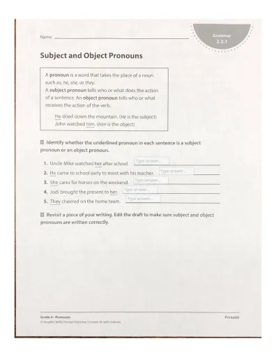 Interactive worksheet HMH Subject and Object Pronouns