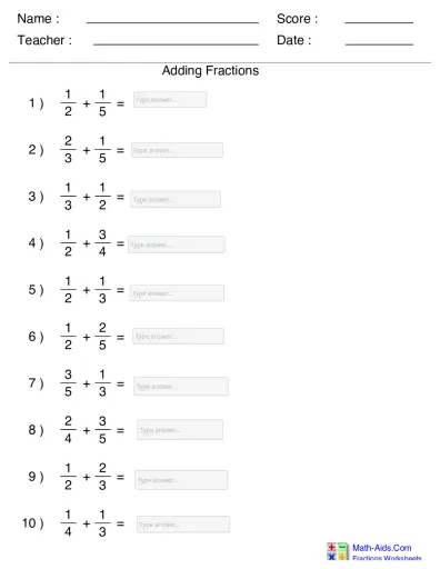 Interactive worksheet Adding with unlike denominators