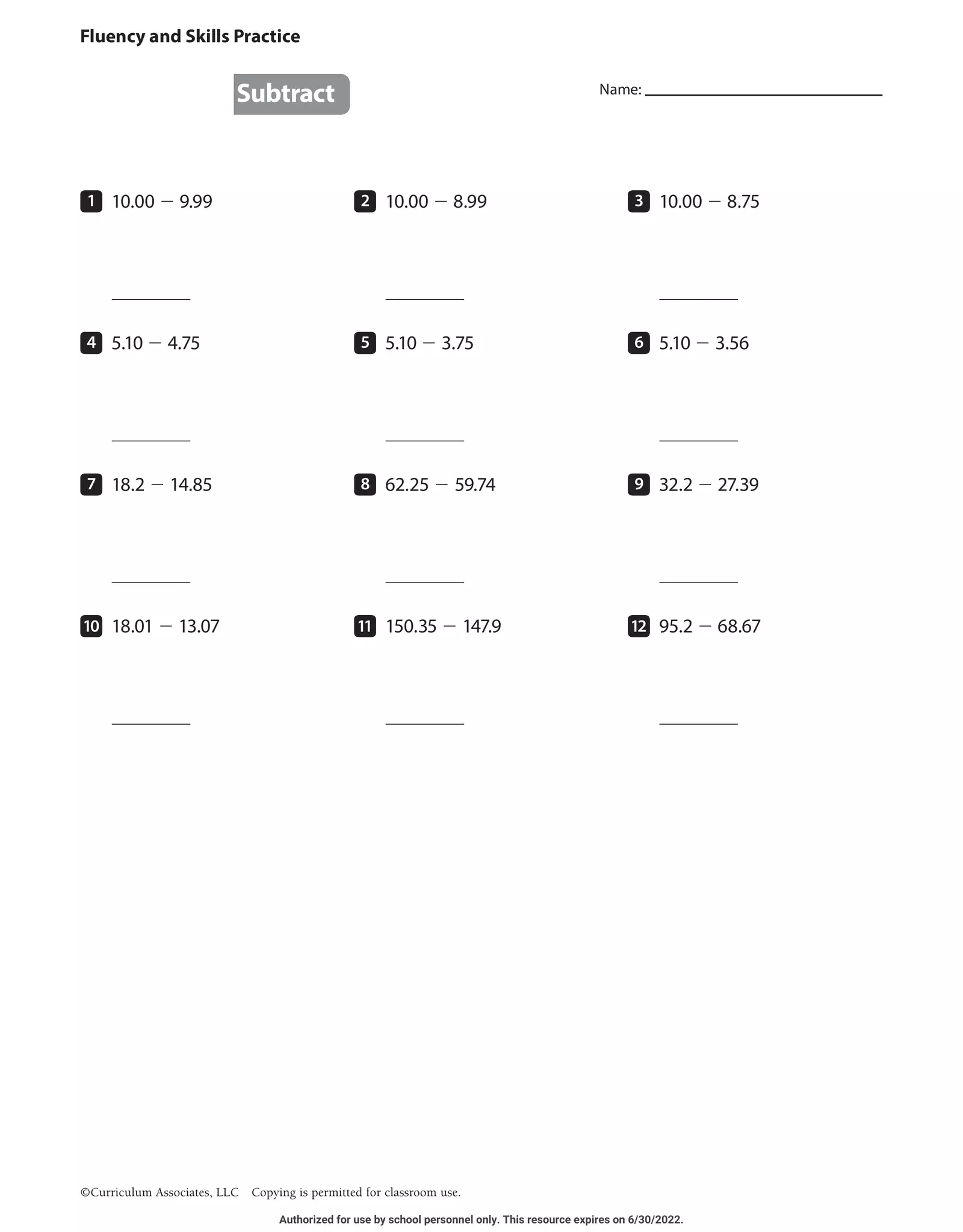 subtracting decimals 2 Interactive Worksheet – Edform