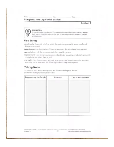Chapter 5 Section 1 Congress The Legislative Branch Key Terms ...