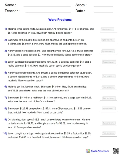 Interactive worksheet Money Addition Word Problems 