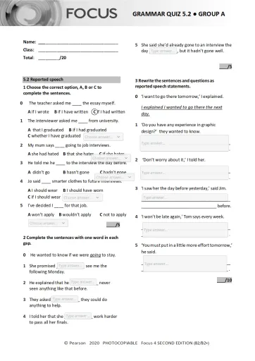 Interactive worksheet Focus4 2E Grammar Quiz Unit5 2 GroupA