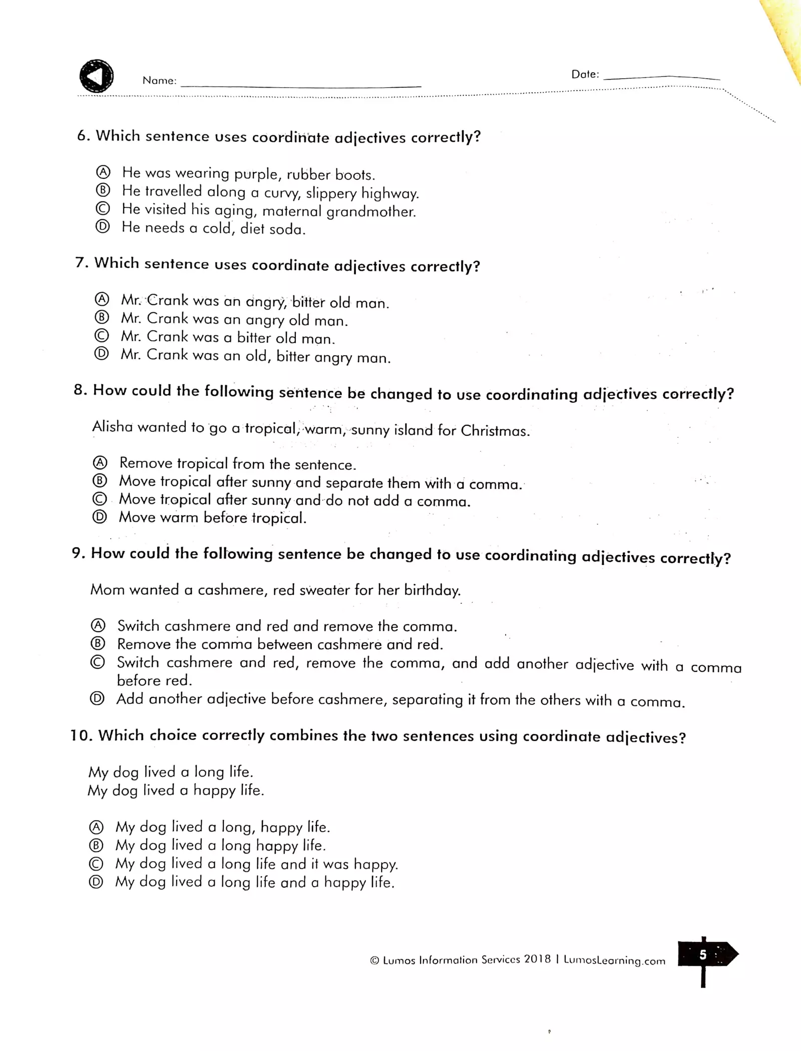 Coordinate Adjectives Worksheet 7th Grade