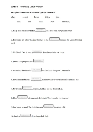 Interactive worksheet EIKEN 3   Vocabulary List 10 Practice