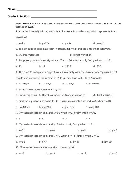 Grade 9 Math_Inverse Variation Interactive Worksheet – Edform