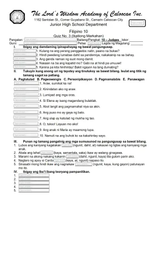 Interactive worksheet Filipino 10 quiz 3 3rd quarter