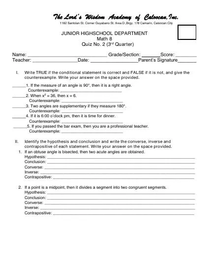 Quiz 2 (Math 8) Interactive Worksheet – Edform