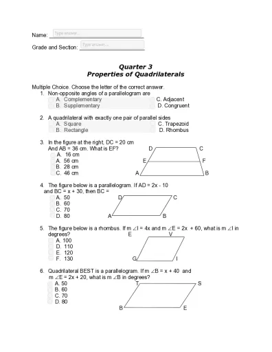Parallelogram Properties Worksheet