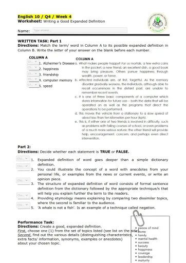 Interactive worksheet ENGLISH10 Writing Expanded Definition