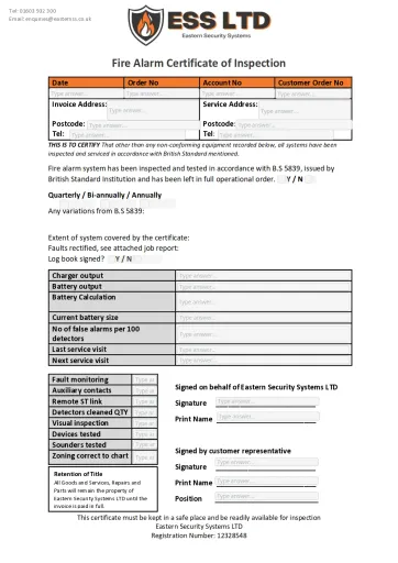 ESS Fire Alarm certificate of inspection Interactive Worksheet Edform